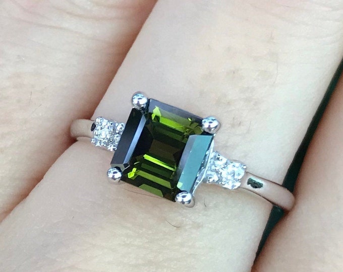 1.65ct Green Tourmaline Engagement Ring- Princess Tourmaline Promise Ring for Her-Three Stone White Gold Ring-