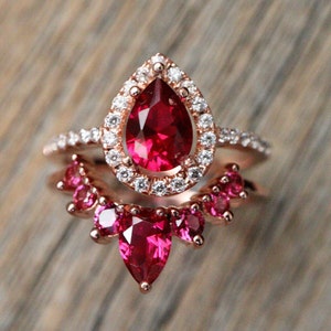 Teardrop Red Pink Ruby Halo Engagement 3 Ring Set
