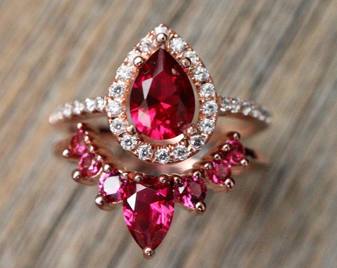 Teardrop Red Ruby Halo Rose Gold Ring Set- Pear Deep Dark Red Pink Gemstone Anniversary Sterling Silver 2 Ring Set- July Birthstone Ring