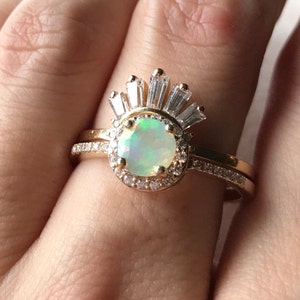 Genuine Opal Engagement Deco 2 Ring Set- Natural Opal Halo Ring with Baguette Wedding Band- Round Rainbow Opal Bridal Rings