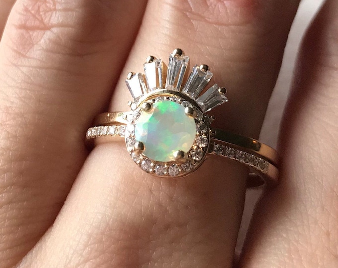 Genuine Opal Engagement Deco 2 Ring Set- Natural Opal Halo Ring with Baguette Wedding Band- Round Rainbow Opal Bridal Rings