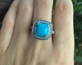 Square Turquoise Engagement Ring- Blue Turquoise Genuine Halo Promise Ring- OOAK December Birthstone Ring- Sleeping Beauty Anniversary Ring