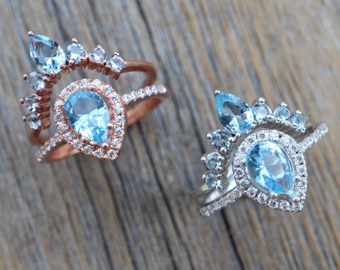 Teardrop Blue Topaz Engagement Silver Rings- Light Sky Blue 2 Rose Ring Set- Pear Blue Halo Bridal Ring w/ Wedding Band