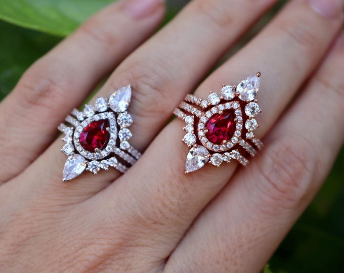 Teardrop Ruby Halo Bridal 3 Ring Set- Pear Red Pink Ruby Engagement Ring- July Birthstone Ring- Real Solid 14k 18k Anniversary Ring