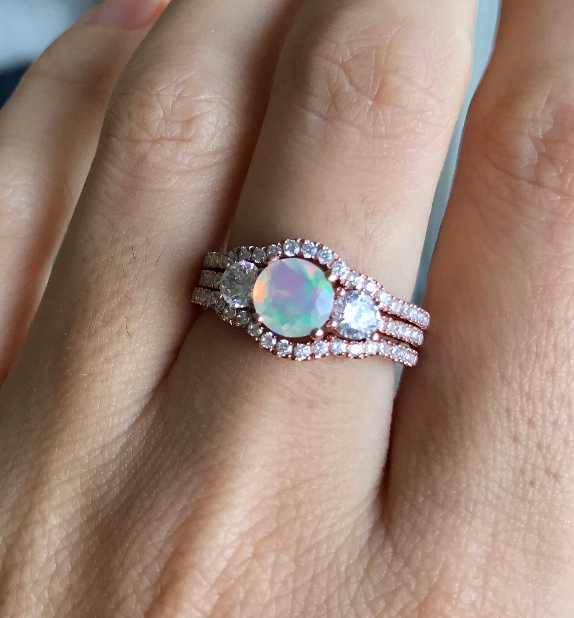 Opal Engagement 3 Vintage Ring Set- Round Opal Bridal Ring Deco Set ...