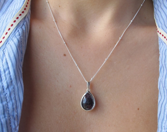 Raw Dark Faceted Sapphire Necklace- Rough Stone Sapphire Pendant- Pear Shaped Simple Bezel Gemstone Necklaces- Genuine Natural Necklace