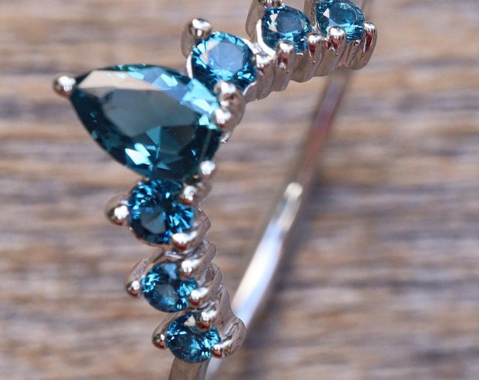 Dark Blue Topaz Curve Wedding Sterling Silver Enhancer Guard Band- London Blue Topaz Contour Rose Band- Blue Chevron Gold Half Circle V Band