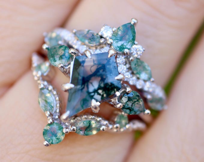 Kite Green Moss Agate Nature Inspired Bridal Ring Set in Sterling Silver