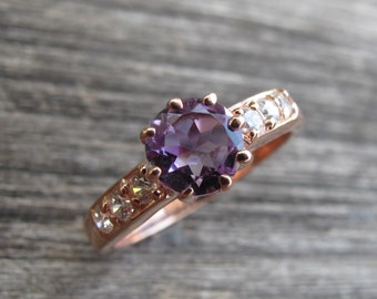 Round Genuine Amethyst Solitaire 6 Prong Ring- Natural Purple Gemstone Engagement Ring for Her- February Birthstone 14k Rose Gold Ring