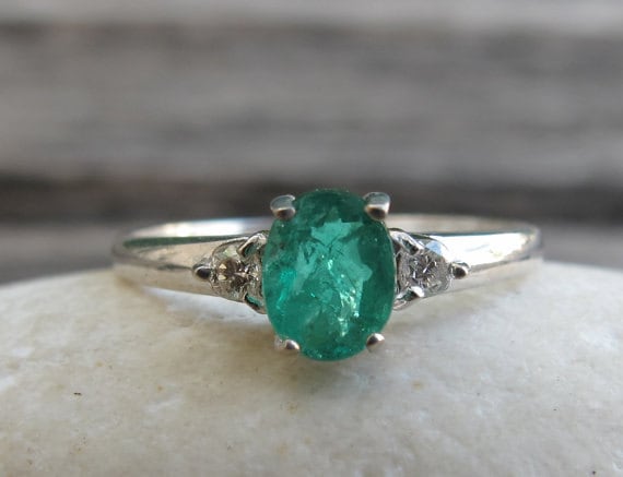 Oval Emerald Engagement Ring- Three Stone Emerald Diamond Promise Ring ...