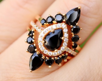 Teardrop Halo Schwarzer Onyx Verlobung Sterling Silber 3 Ring Set