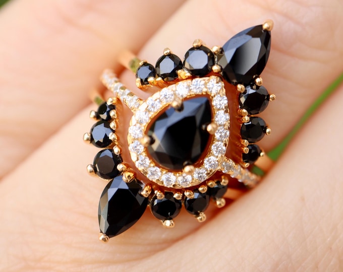 Teardrop Halo Black Onyx Engagement Sterling Silver 3 Ring Set