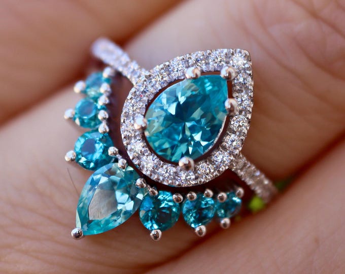 Teardrop Paraiba Tourmaline Bridal Sterling Silver 2 Ring Set- Pear Neon Blue Tourmaline Halo Engagement Rose Gold Ring Set