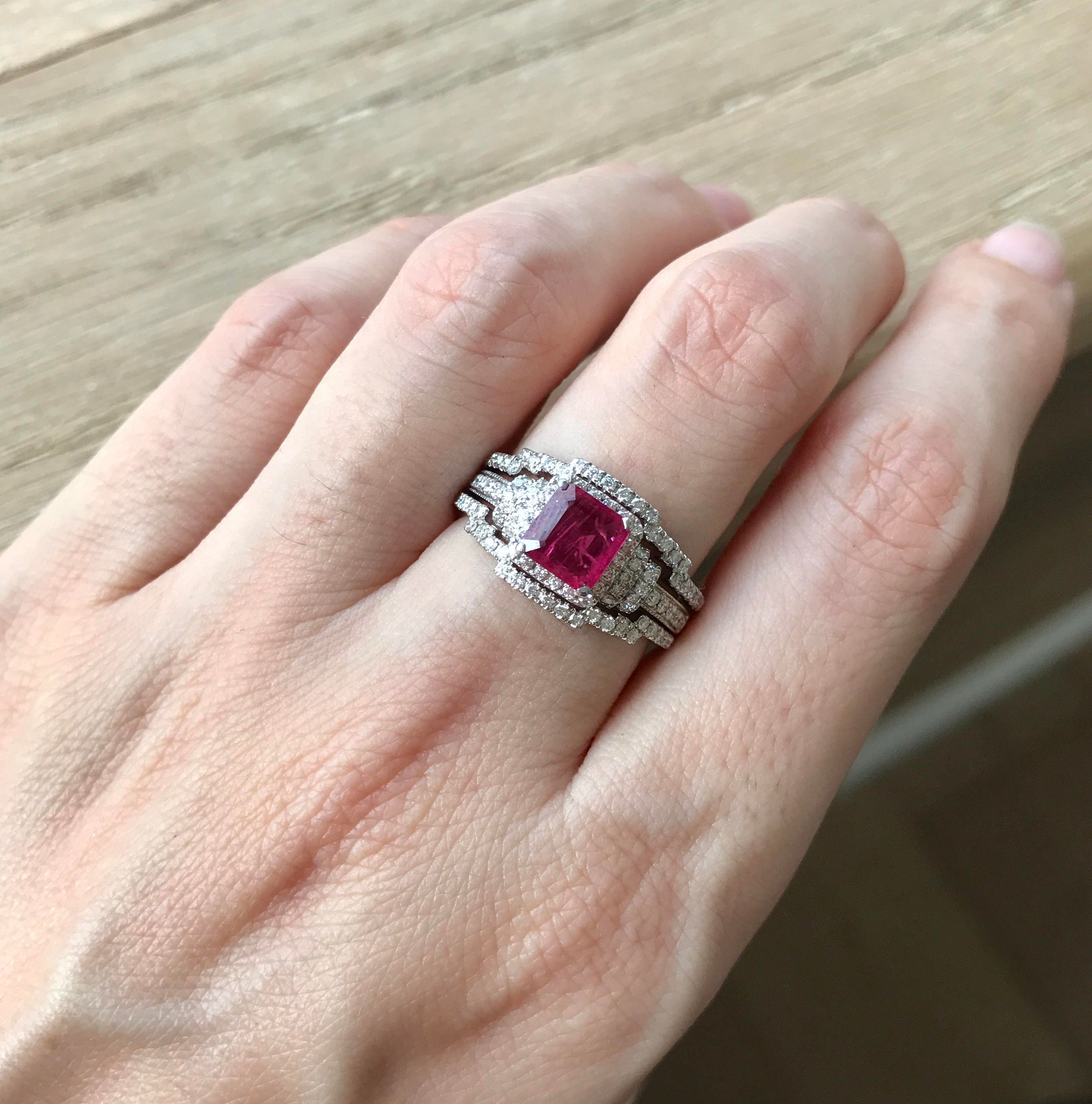 Deco Ruby Engagement Ring Set Genuine Ruby Engagement Ring Set Unique