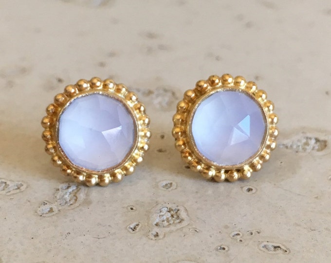 White Moonstone Boho Earring- Faceted White Bohemian Earring- Gold Stud Earring- June Birthstone Earring- Round Milgrain Bezel Earring