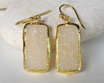 Real Druzy Long Earring- Raw Rectangle Gold Earring- Statement Dangle Earring- Raw Crystal Drop Earring- Bridal Rough Stone Earring