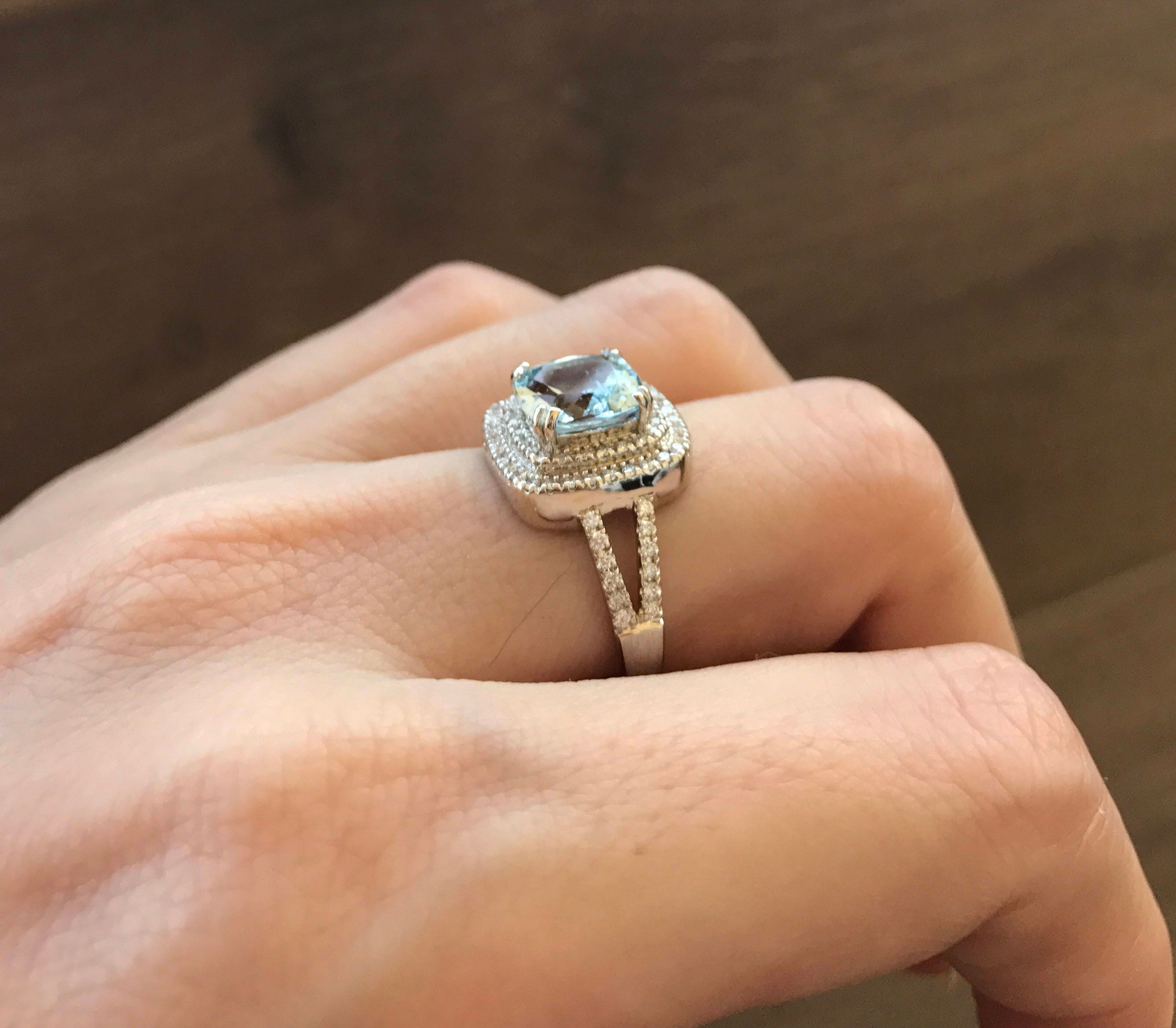 1.64ct Cushion Aquamarine Engagement White Gold Ring Aquamarine Halo