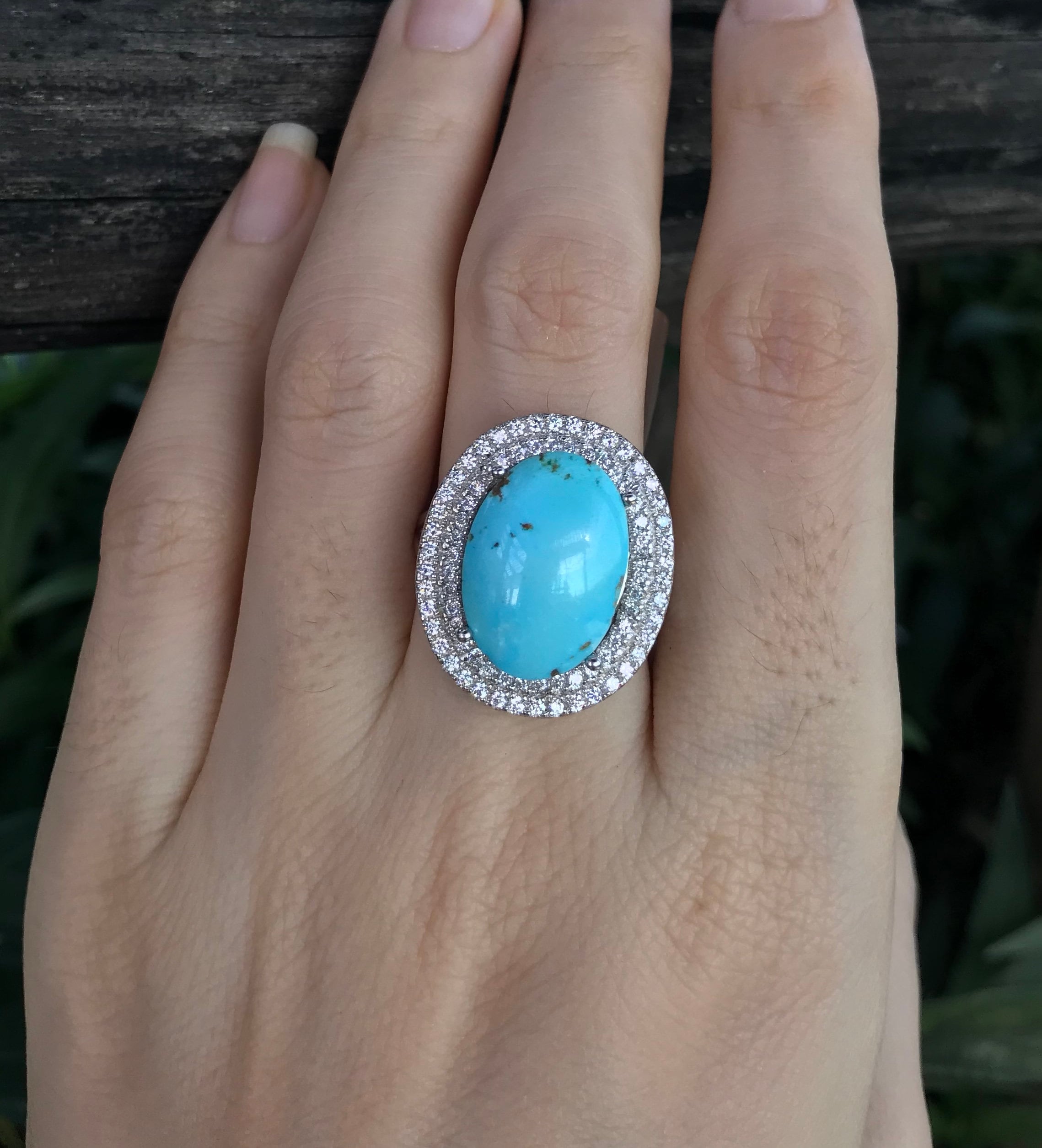 Turquoise Large Oval Halo Engagement Ring Genuine Turquoise Promise Ring for Her Large