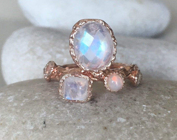 Rose Gold Moonstone Ring with Opal- Tree Branch Statement Ring- MultiStone June October Birthstone Ring- Unique Moonstone Engagement Ring