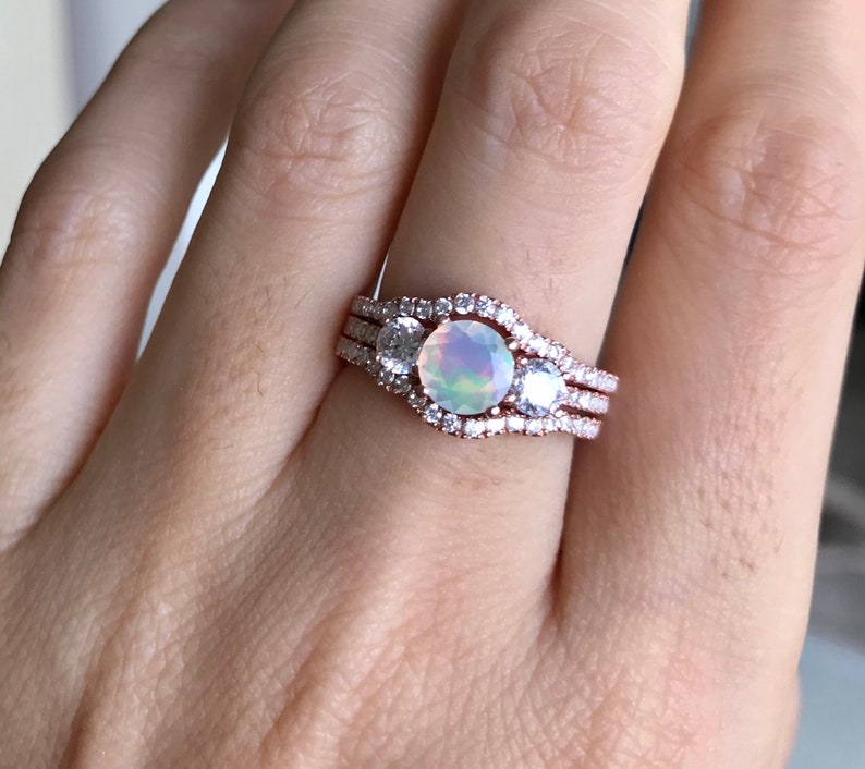 Opal Engagement 3 Vintage Ring Set Round Opal Bridal Ring | Etsy