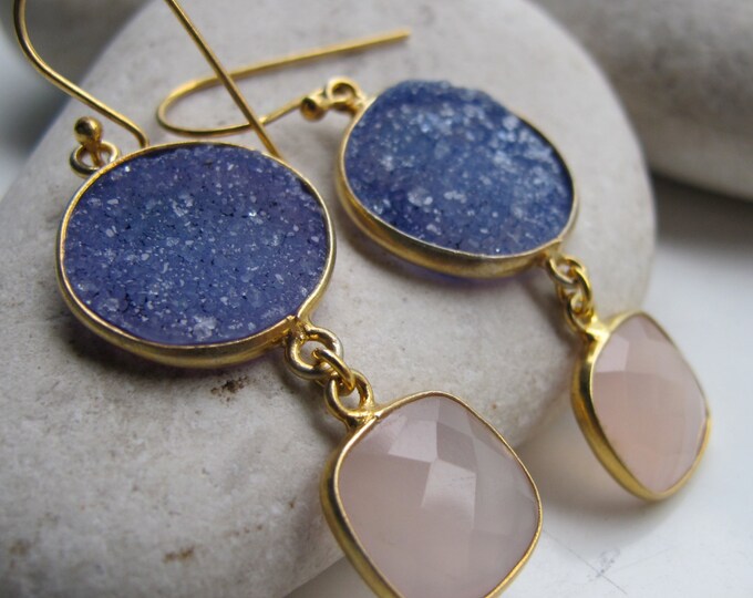 Blue Druzy Pink Two Stone Statement Dangle Earring- Long Drop Mix Gemstone Earring- Blue Pink Earring