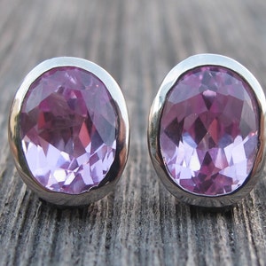 Pink Cubic Zirconia Stud Earring Pink Topaz Oval Silver Earring Pink Quartz Bezel Earring Pink Gemstone Classic Stud Earring image 3