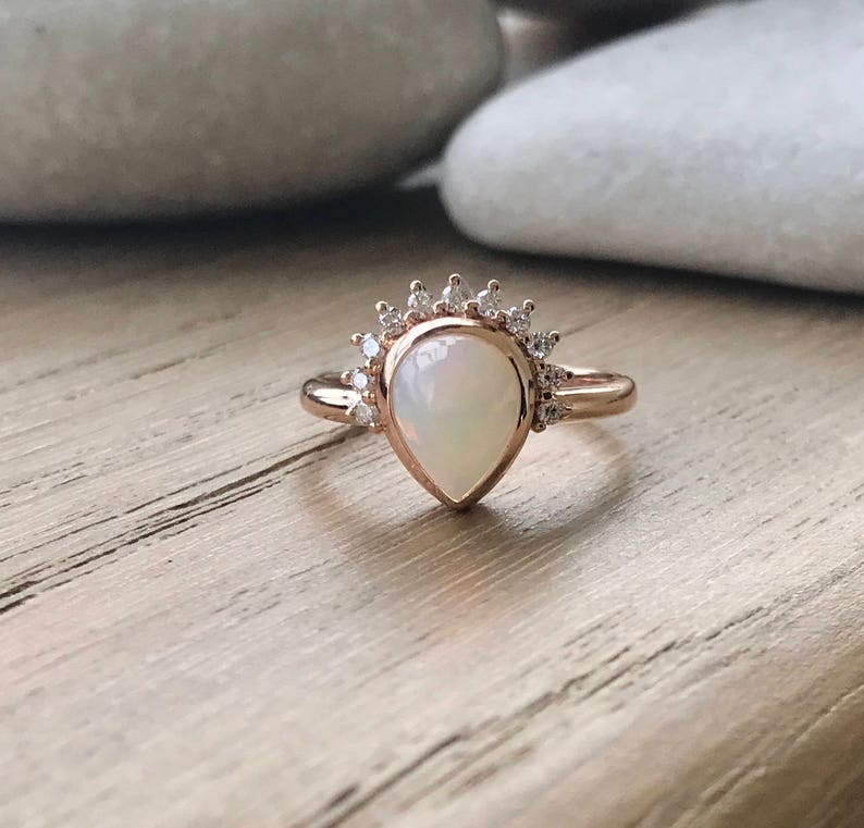 1CT Genuine Opal Pear Engagement Ring Teardrop Opal Diamond Solitaire Ring-Natural Opal 18k Gold Ring Rose Gold Promise Ring October Ring image 9