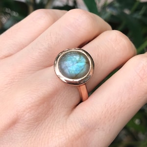 Round Labradorite Cabochon Solitaire Ring Simple Minimalist Bezel Unisex Ring Large Statement Smooth