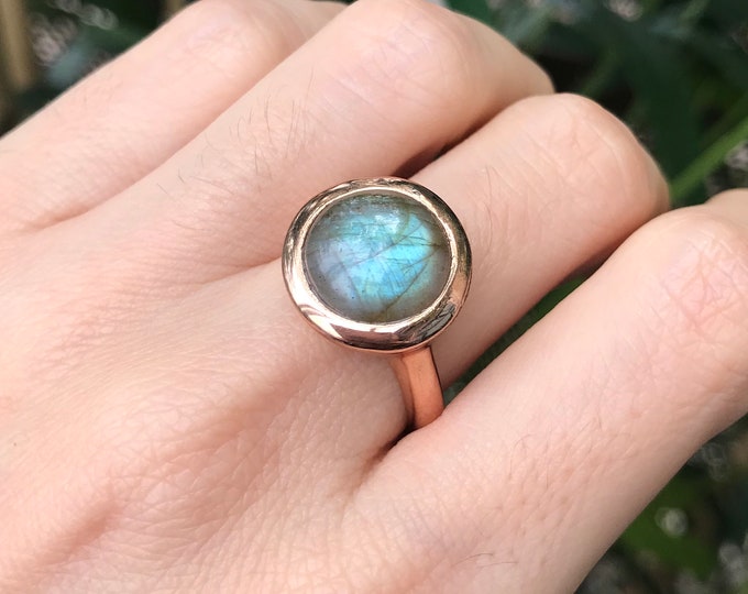 Round Labradorite Cabochon Solitaire Ring Simple Minimalist Bezel Unisex Ring Large Statement Smooth