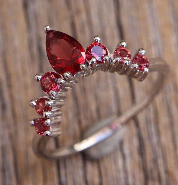 Red Garnet Cluster Curve Wedding Band in Solid 10k 14k 18k Gold