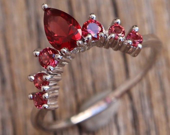 Red Garnet Real Solid 10k 14k 18k Gold Band- Dark Deep Red Garnet Nest Contour White Gold Band- January Birthstone Chevron Rose Gold Band