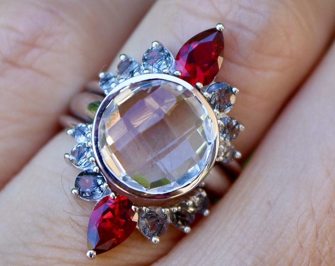 Round Clear Quartz Bridal 3 Ring Set- White Halo Engagement Ring with Tourmalated Quartz and Garnet Wedding Band- Alternative Diamond Rings