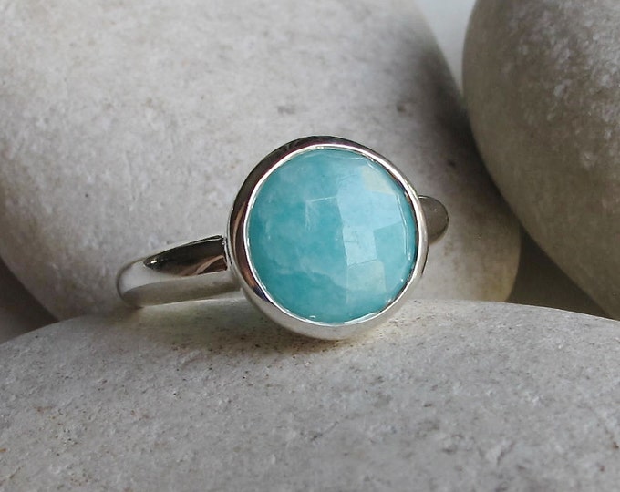 Round Amazonite Boho Ring- Blue Gemstone Stack Ring- Turquoise Bohemian Ring- Gypsy Blue Ring- Sterling Silver Blue Ring- Simple Blue Ring