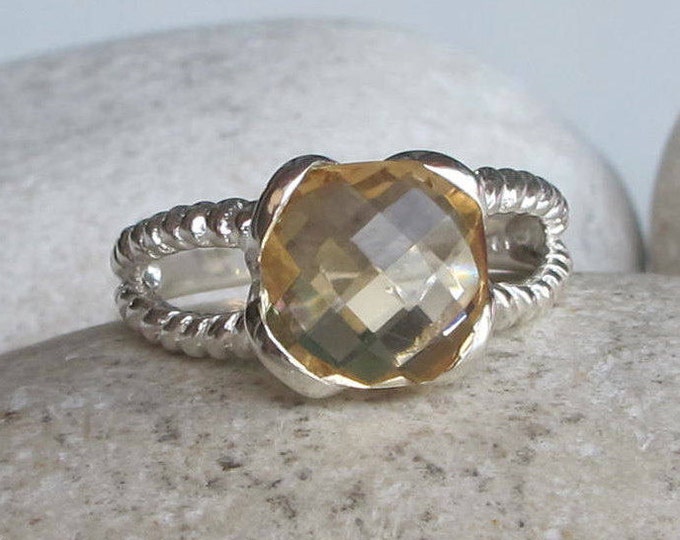 Cushion Cut Citrine Ring- Double Shank Citrine Ring- November Birthstone Ring for Her- Yellow Topaz Statement Ring- Ribbed Double Band Ring