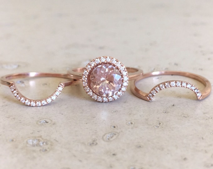 14k Genuine Morganite Engagement 3 Ring Set- 1.50ct Natural Morganite Diamond Bridal Ring Set- Round Morganite Halo Ring w/ 2 Wedding Band