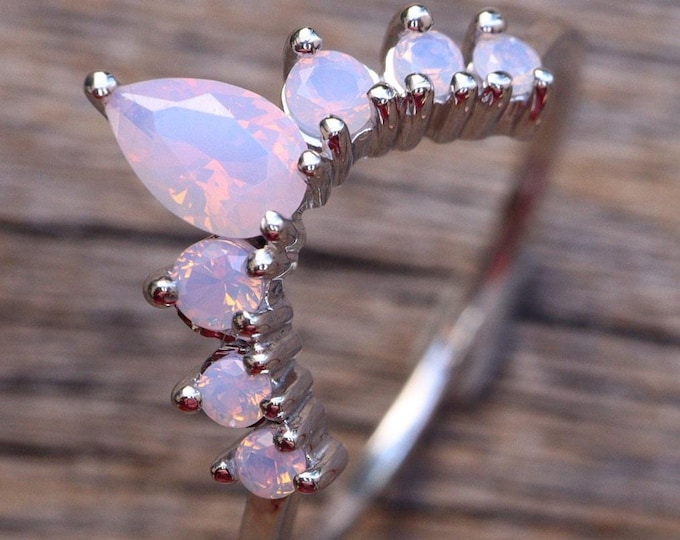 Opal Curve Wedding Solid 14k Gold Band- Pink Opal Nesting Contour 14k Rose Band- Fire Opal Chevron V 14k White Gold Enhancer Guard Band