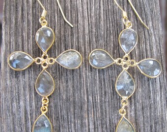 Boho Labradorite Dangle Earring- Cross Labradorite Cluster Long Earring- Bohemian Iridescent Drop Earring- Teardrop Labradorite Gold Earring