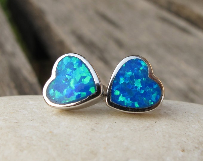 Blue Opal Heart Shaped Silver Stud Earring- Blue Opal Heart Earring- Boho Iridescent Opal Stud Earring- October Birthstone Stud