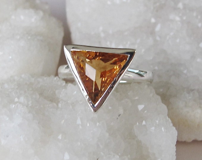 Genuine Triangle Citrine Statement Ring- Natural Citrine Solitaire Silver Ring- November Birthstone Ring- Trillion Yellow Geometric Ring