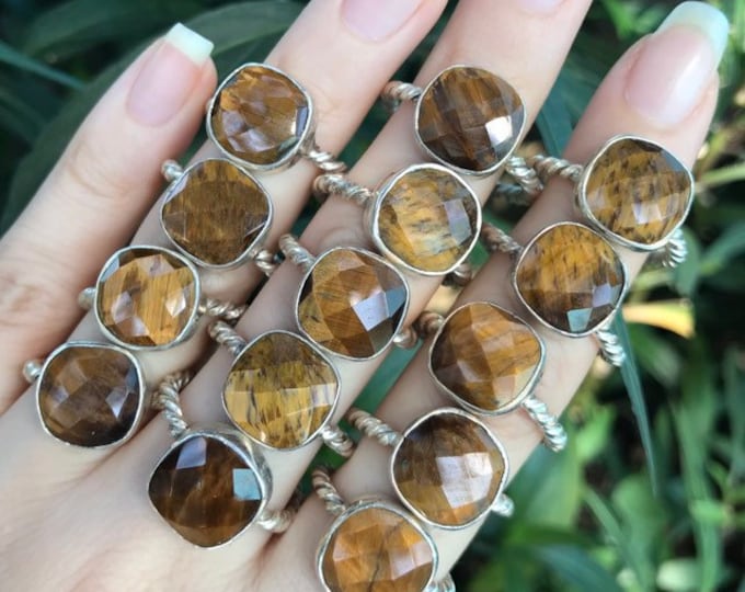 Square Tiger Eye Ring- Silver Tiger Eye Stack Ring- Brown Gold Stone Ring- Rope Band Gemstone Boho Ring