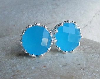 Boho Blue Stud Earring- Milky Blue Earring- Baby Blue Stud Earring- Round Aqua Blue Earring