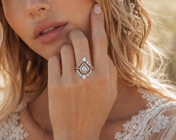 Teardrop Genuine Moonstone Halo Engagement 3 Ring Set in Solid 14k 18k White Rose or Yellow Gold