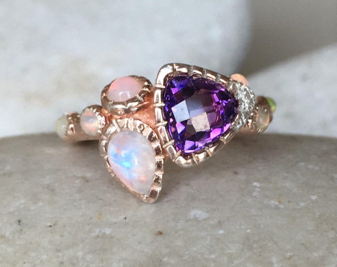 Cluster Gemstone Rose Gold Ring- Multistone Cluster Ring- Amethyst Opal Moonstone Ring- Unique Statement Ring- February October June Ring