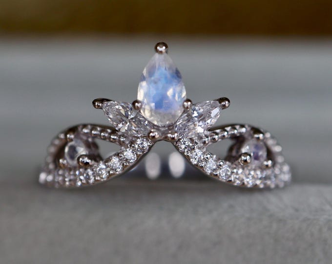 Genuine Blue Moonstone 10k White Gold Wedding Vintage Milgrain Band- Antique Milgrain Enhancer Guard 14k Gold Band-Tiara Crown 18k Gold Band