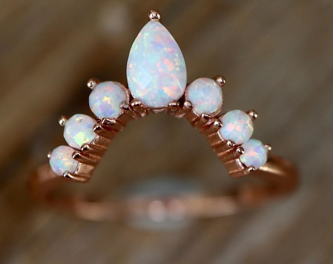 Rainbow Opal Chevron Half Circle Wedding Sterling Silver Band- White Fiery Iridescent Guard Contour Band-October Birthstone V Enhancer Band