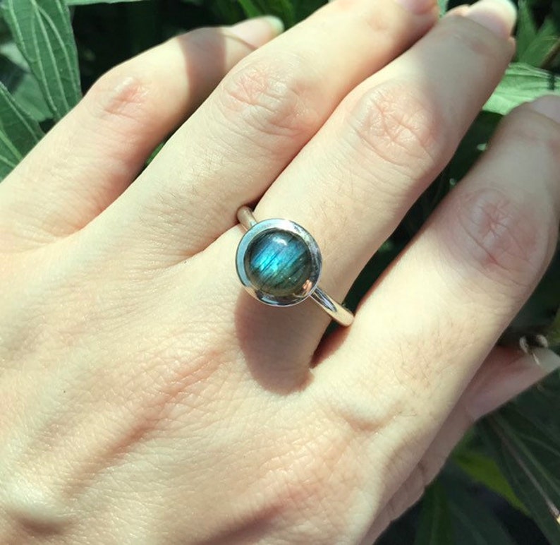 Blue Labradorite Cabochon Stackable Boho Ring Bohemian Ring For Teen Blue Iridescent Gemstone Sterling Silver Ring