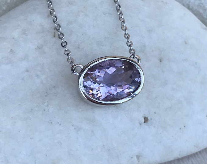 Purple Amethyst Oval Necklace- Amethyst Sterling Silver Necklace-Genuine Amethyst Simple Bezel Pendant Necklace-February Birthstone Necklace