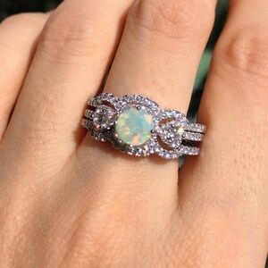 Opal Vintage Engagement Ring Opal Halo Bridal Ring Set Three Stone Anniversary Ring Genuine Opal Promise Ring for Her Art Deco Opal Ring image 2