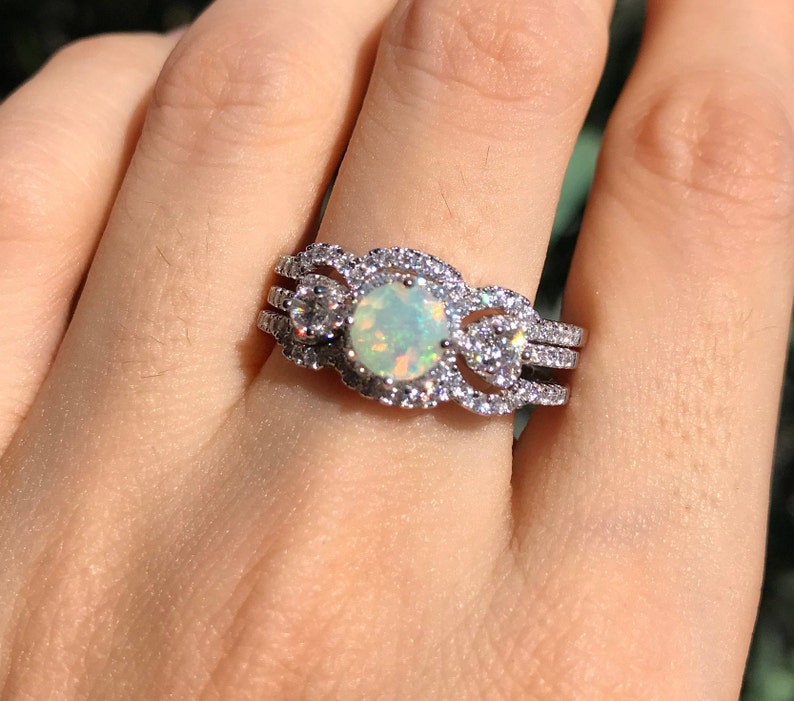 Opal Vintage Engagement Ring Opal Halo Bridal Ring Set Three Stone Anniversary Ring Genuine Opal Promise Ring for Her Art Deco Opal Ring image 2