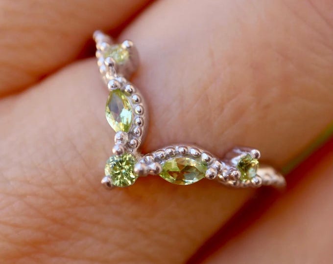 Peridot Sterling Silver Deco Wedding Band- Green Yellow Marquise Round Rose Gold Antique Milgrain Band- Enhancer Guard Gold Vintage Band